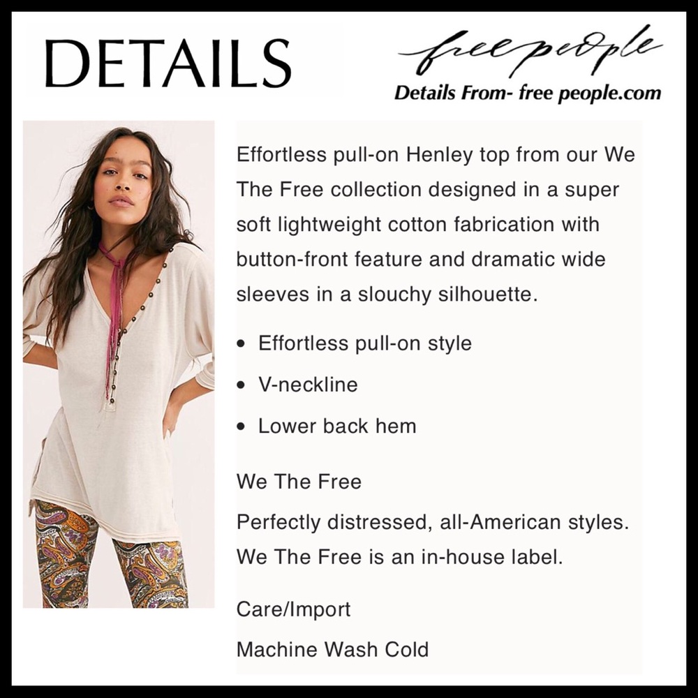 FREE PEOPLE BOHO TUNIC HENLEY TEE TOP A2C - Picture 14 of 16